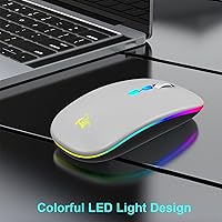Vista 2 de HOTLIFE Mouse LED inalámbrico, mouse Bluetooth delgado recargable, mouses de computadora inalámbricos USB portátiles de 2.4G con receptor USB y Gris