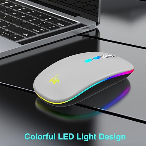 Miniatura 2 de HOTLIFE Mouse LED inalámbrico, mouse Bluetooth delgado recargable, mouses de computadora inalámbricos USB portátiles de 2.4G con receptor USB y Gris
