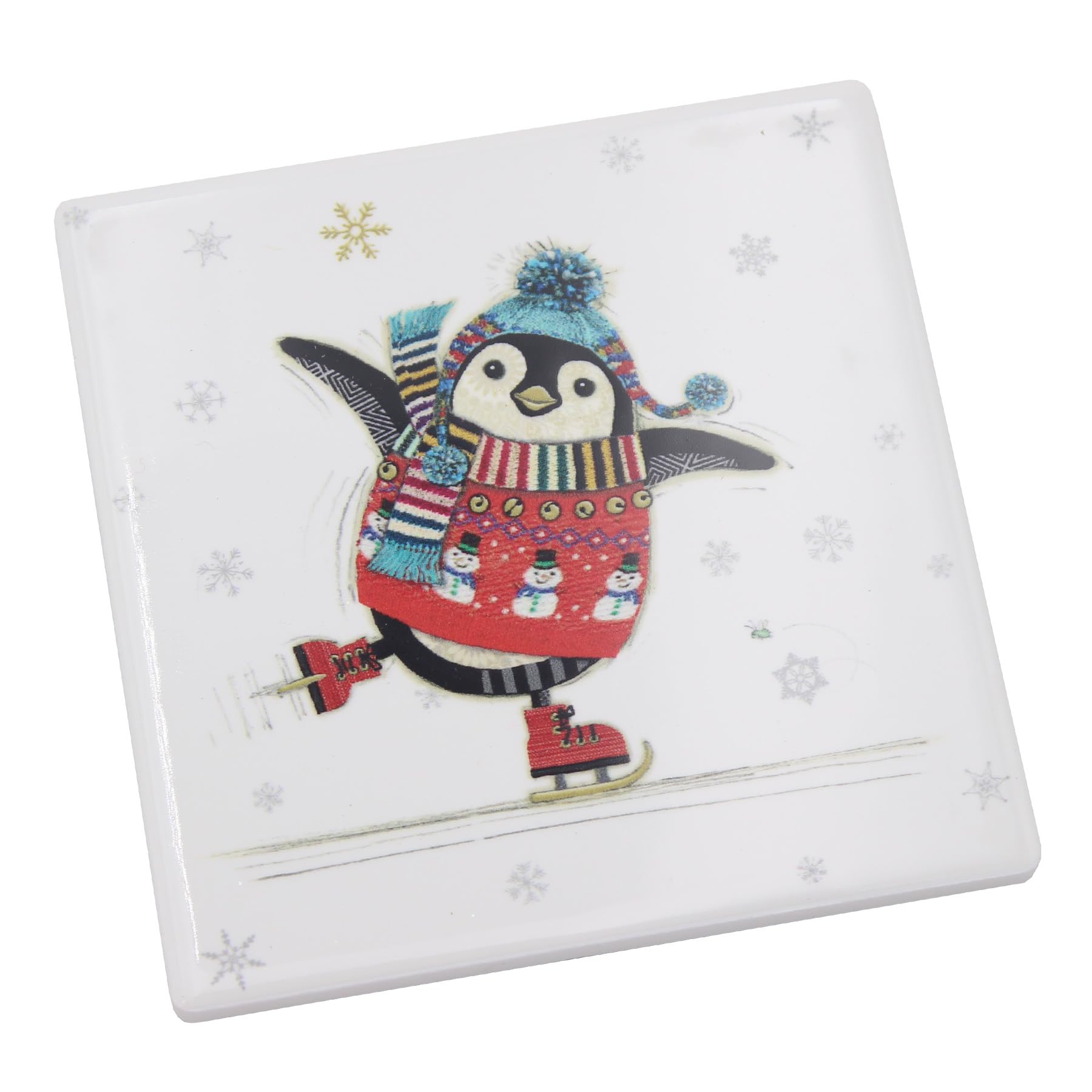 Widdle Gifts Penguin 6705 Christmas Coaster, Heatproof And Cork Backed Single Ceramic Coaster, Statement Kitchenware For The Home, By Bug Art (Penguin 6705)
