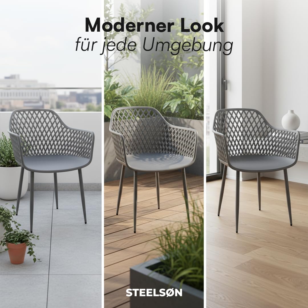 STEELSØN Quasira Gartenstühle 6er Set – Gartensessel wetterfest & UV-resistent – Outdoor Stühle für Balkon/Garten/Terrasse – Loungesessel Grau bis 120 kg – Schalenstuhl aus Kunststoff mit Armlehnen
