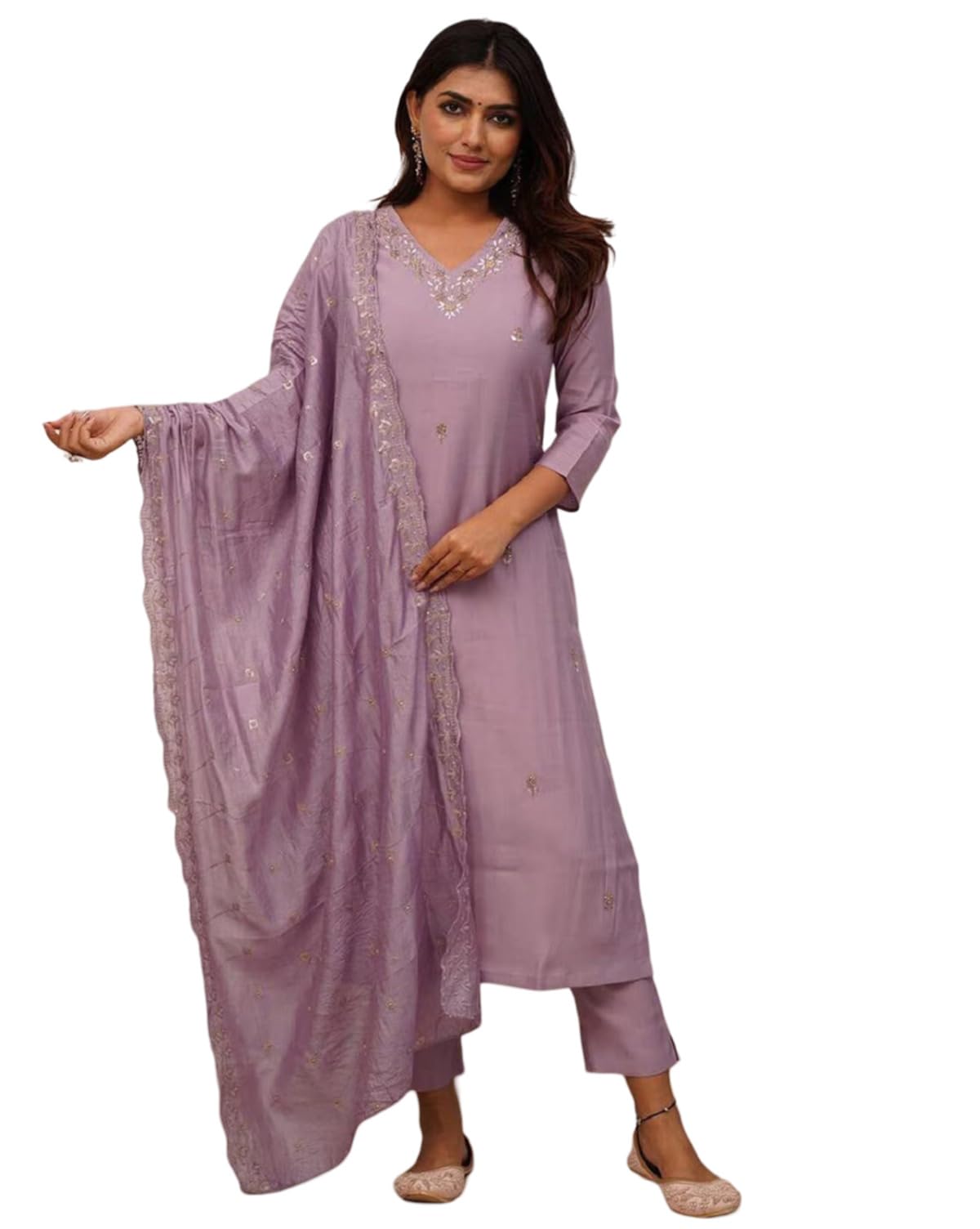 foxdx Women's Silk Blend Embroidered Straight Kurta Pant Set with Chanderi Dupatta Set-picture-40