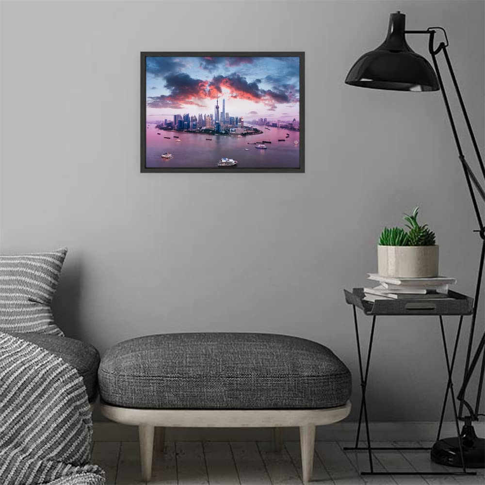 VERRE ART Black Floater Framed Canvas - Wall Decor for Living Room, Bedroom, Office, Hotels, Drawing Room (14in X 10in) - Shanghai Skyline & Huangpu River