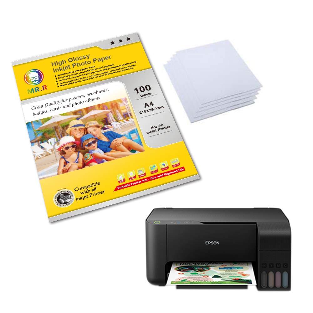 MR.R Dwustronny błyszczący papier fotograficzny do drukarek atramentowych, 300 g/m², A4, 210 x 297 mm, 100 arkuszy w opakowaniu