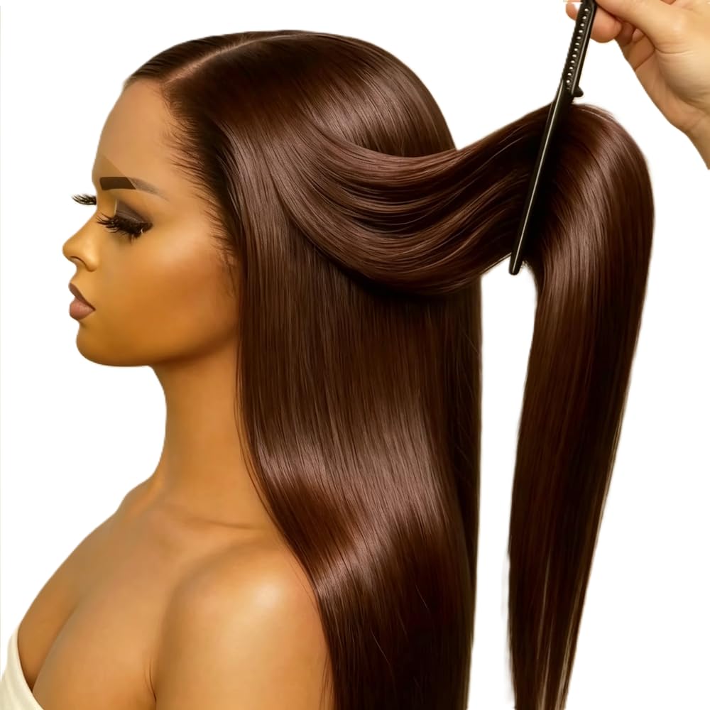 Haarpflege Schokoladenbraune Gerade Perücke 13 X 4 Spitzenfront Echthaar Vorgezupft Mit Babyhaar(18inches)