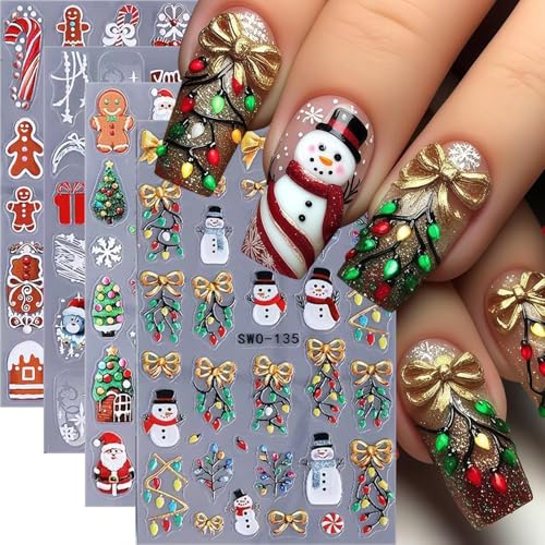 Christmas Nail Stickers 4 Sheets Cute Xmas Nail Decals Self