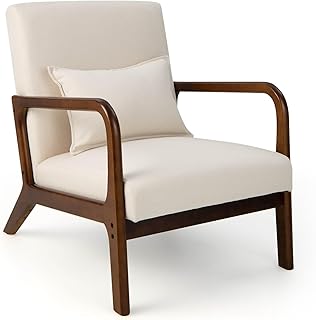 Giantex Modern Accent Chair with Rubber Wood Frame, Leisure Chair with Lumbar Pillow, Anti-Slip Felt Pads, Fabric Upholste...