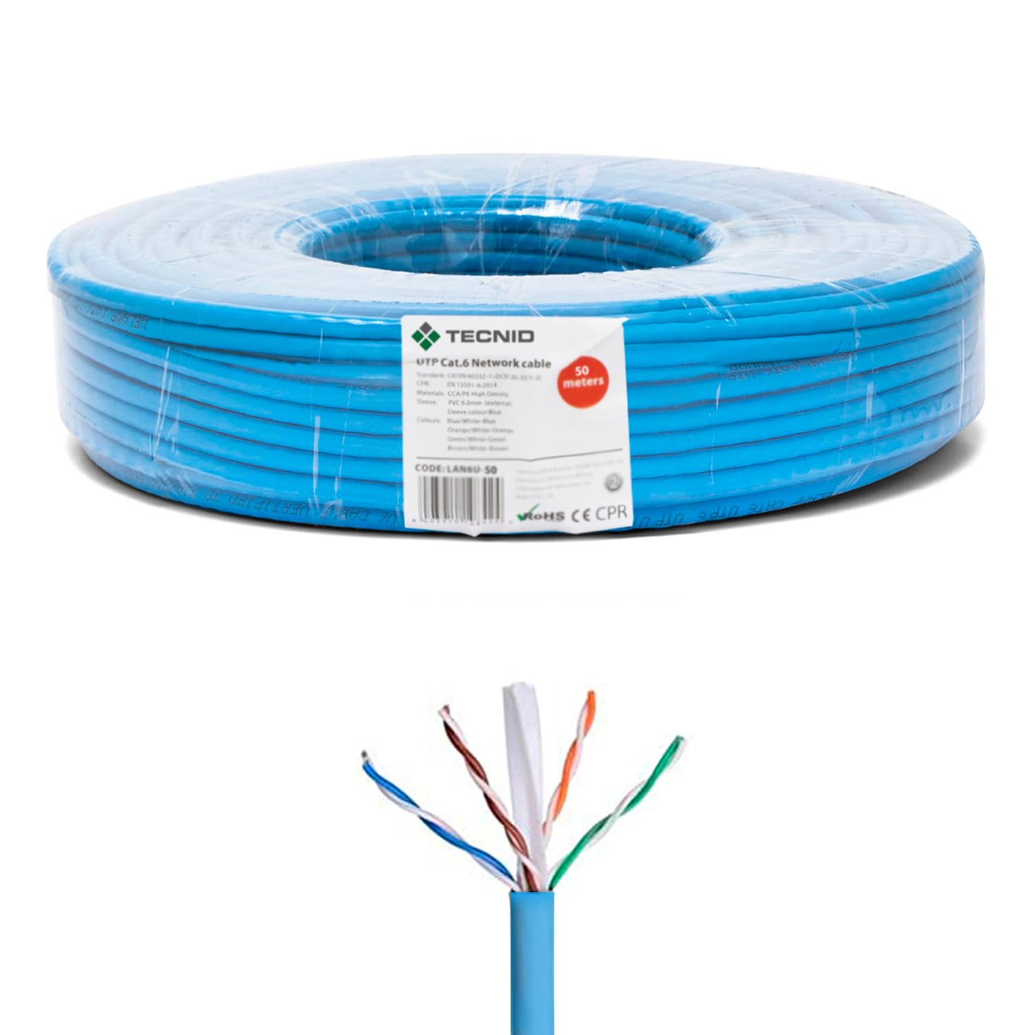 Câble réseau Ethernet | CAT6, AWG24, CCA, UTP, RJ45 | Bobine réseau | Bleu (50 mètres) | Pour la maison et le bureau