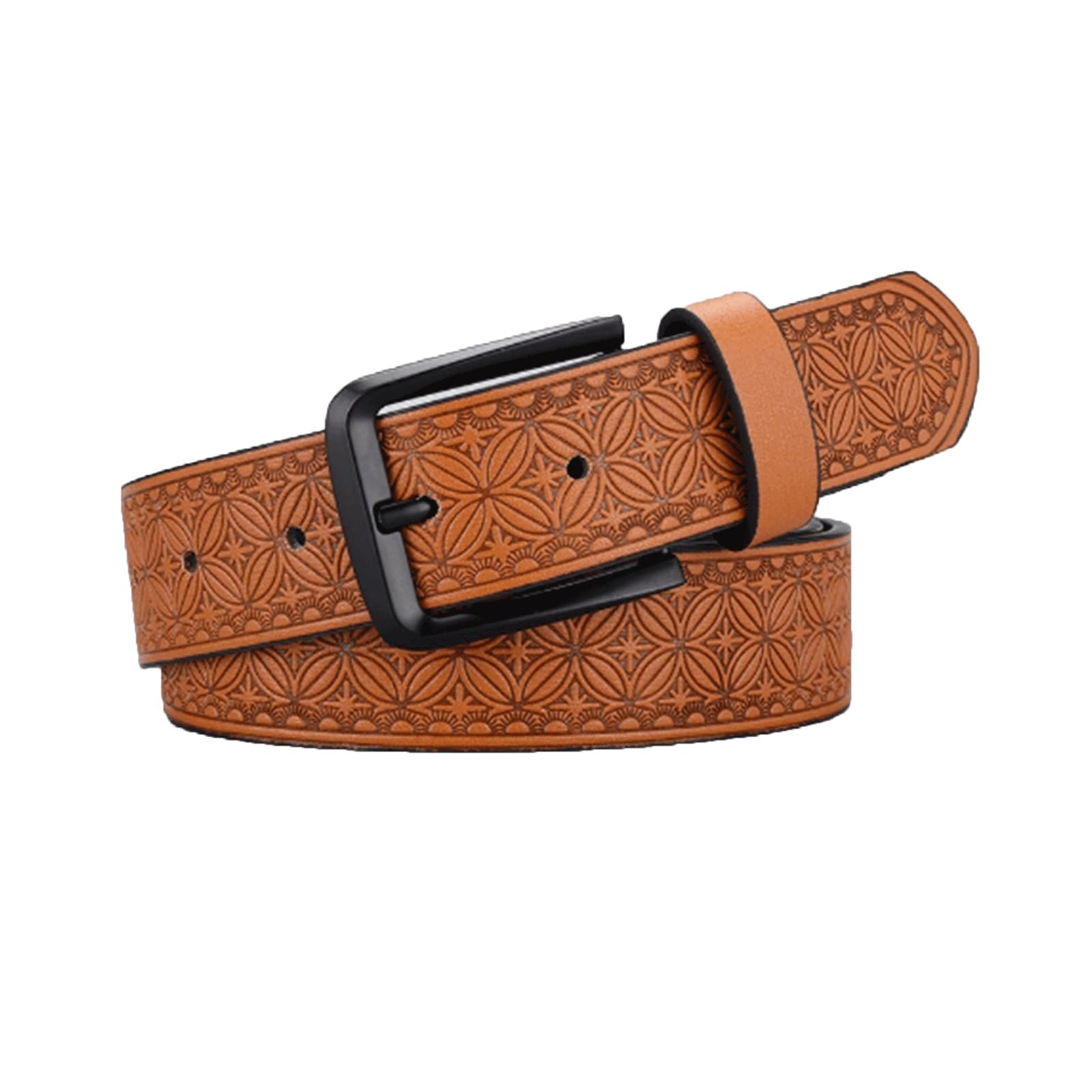 Krxsobnv Men's Yellowish Brown Leather Belt, Vintage Alloy Buckle Belt Embossed Design Belts Dress Casual Leather(,125Cm)
