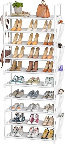 Miniatura 10 de LUKYTOWER Zapatero alto estrecho de 10 niveles para zapatero de armario, estante de almacenamiento para zapatos con 5 ganchos, estante de zapatos de
