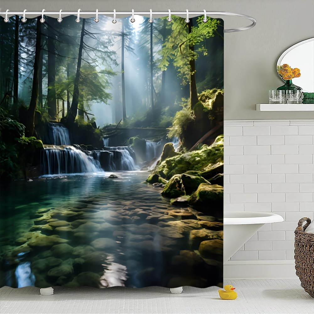 Cortina de Ducha con diseño de río Sereno, Bosque y luz Solar para la decoración del baño, Incluye Ganchos (300 x 200 cm / 118 x 79 Pulgadas (Ancho x Alto)).