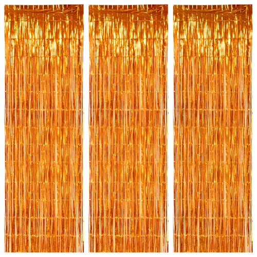 Image of TONIFUL 3Pcs Orange Door Streamers,Photo Booth Backdrop Metallic Streamers Foil Fringe Curtains for Halloween Thanksgiving New Year Bachelorette Birthday Party Streamers Decor(9.9ft x 6.6ft)