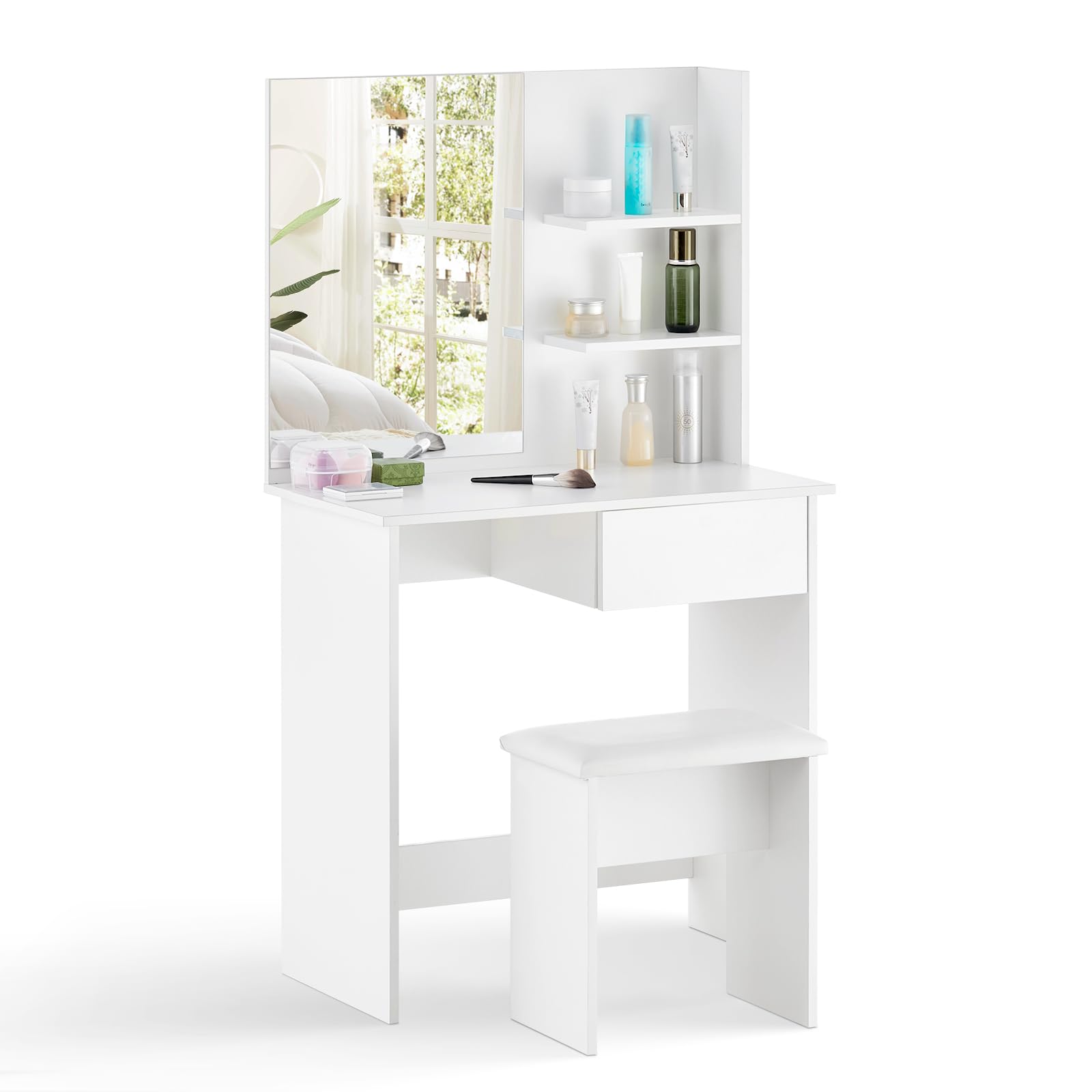 Scrivania Toeletta Lufeiya Con Specchio LED E Sedia, 81,3 Cm - Tavolo Trucco Bianco Dorato Con Prese USB E Cassetti In Tessuto