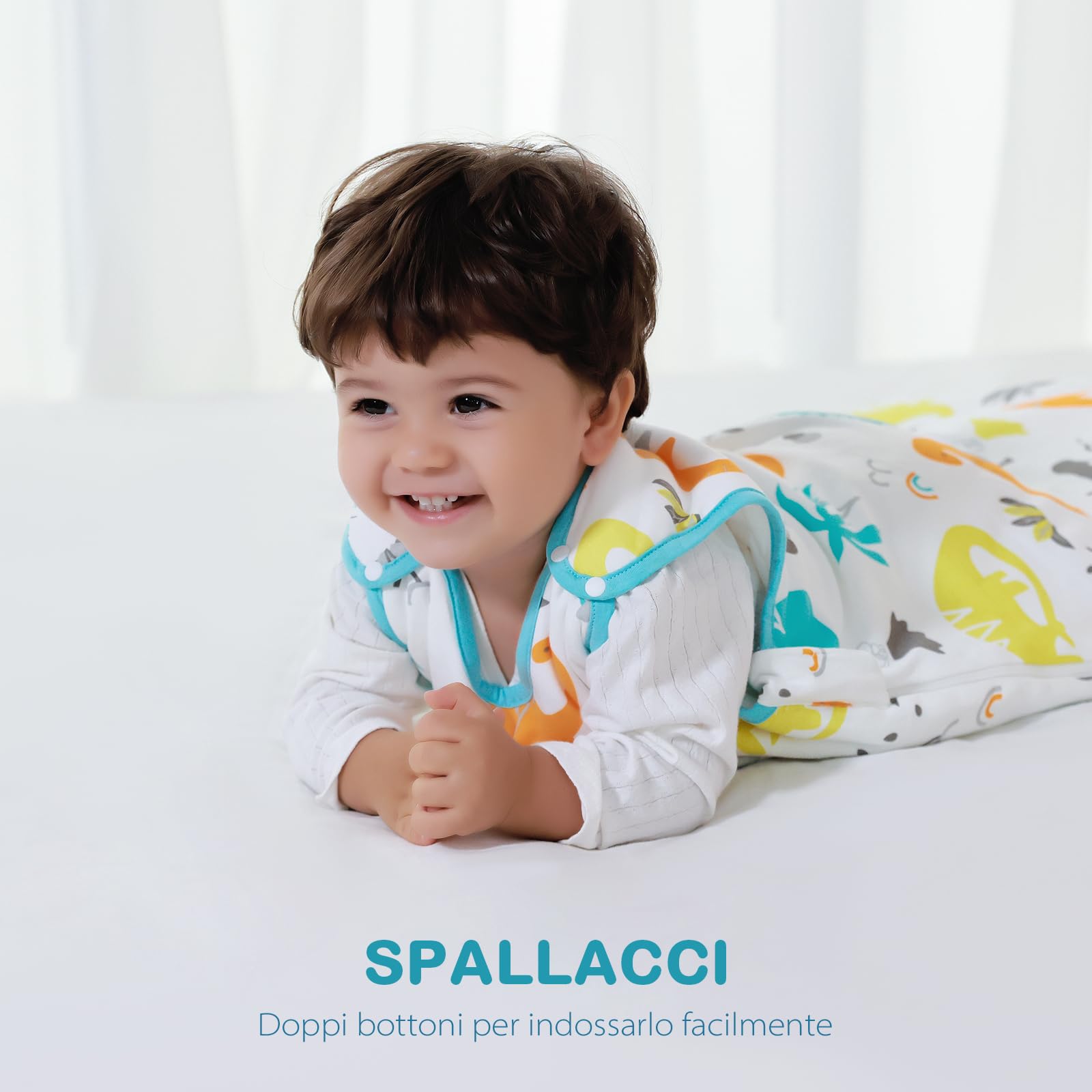Mosebears Mosbears Sacco nanna invernale per bambini, 2,5 Tog, 100% cotone, diverse dimensioni dalla nascita fino a 24 mesi, adatto per tutto l'anno(Dinosauro,S(0 a 6 mesi))