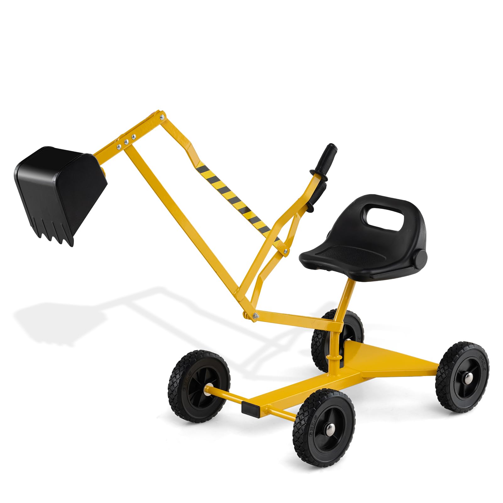 COSTWAY Kids Sand Digger, Sit on Excavator Toy with 4 Wheels, 2-Handed Controls, Flexible Shovel, 360° Rotatable Seat, Outdoor Construction Excavator for 3+ Years Old (Yellow+Black, 119x39x64cm)