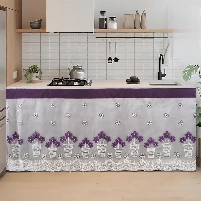 Image of Embroidered Kitchen Sink Curtain with Rod Pocket | Decorative Under Sink Cabinet Curtain | Floral & Peacock Design | Washable Fabric | Size: 150 x 71 CM (White, Pack of 1)