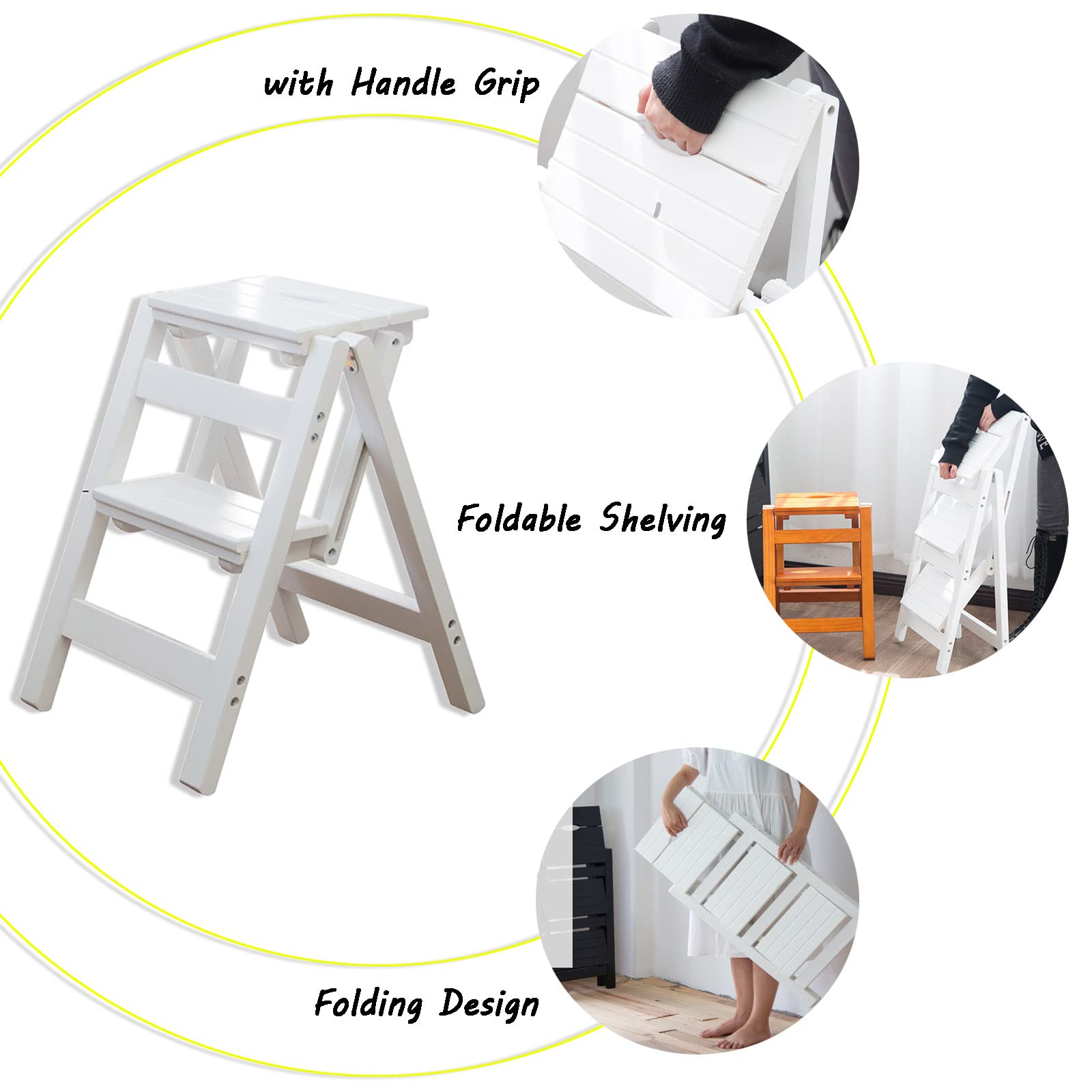 Escalera de Tijera de Madera portátil, Taburete Plegable, Asientos escalonados, Multiusos para Sala de Estar, hogar y Oficina, Capacidad de Carga de 330lb