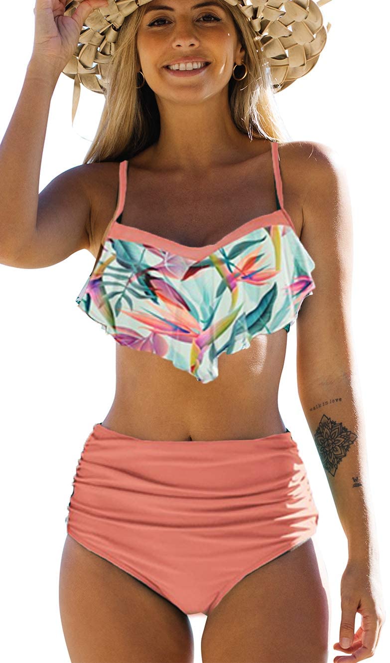 JFAN Bikinis Mujer Top con Volantes Braga de Color Liso Traje de Baño Cintura Alta Bañador Mujer Reductor Barriga