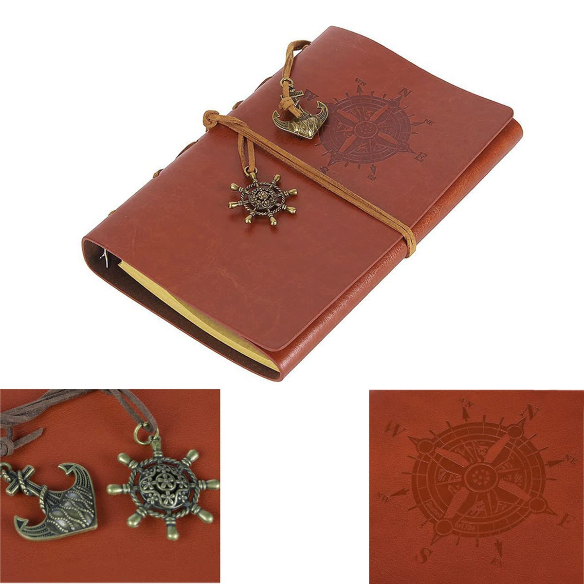 NectaRoy Retro Vintage Denizcilik Defteri Klasik PU Deri Kapak Not Defteri Seyahat Günlüğü Seyahat Dergisi Doldurulabilir Eskiz Defteri Spiral Halka Binder Günlüğü Boş Sayfalar, Astarsız Kağıt, Retro Kolye, Klasik Kabartmalı (130x185 mm, Kahverengi)
