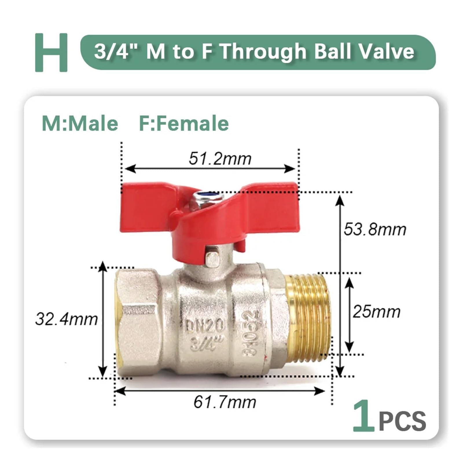 Adaptador de acoplamiento repuesto for válvula bola cobre y latón, extensor conector, accesorios duraderos for riego jardín, 1/2 ", 3/4" 1"(H-1PCS)