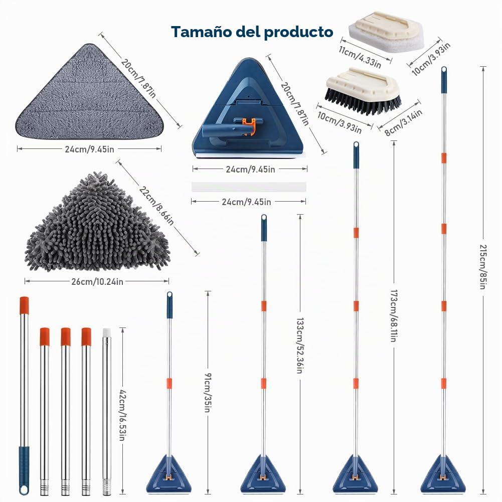 Mopa Triangular de Mango Largo 85“,Trapeador Limpieza Triangular Giratorio 360 Grados ,Microfibra para Limpieza de Pared para Paredes Pintadas, Ventanas, Suelos y Sustratos