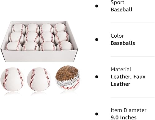 Miniatura 7 de Baisidiwei Paquete de 12 pelotas de béisbol de tamaño estándar para adultos, sin marcar y cubierta de cuero, pelota de entrenamiento de práctica de