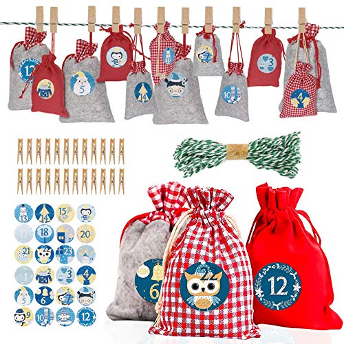 Mroobest Calendrier de l'Avent, Sac Calendrier de l'avent Noel, Sac Cadeau De Noël, Calendrier De Noël Sacs à DIY Calendrier De L'avent à Remplir, avec 24 Etiquettes Numéro, Sacs Calendrier Surprise Cover