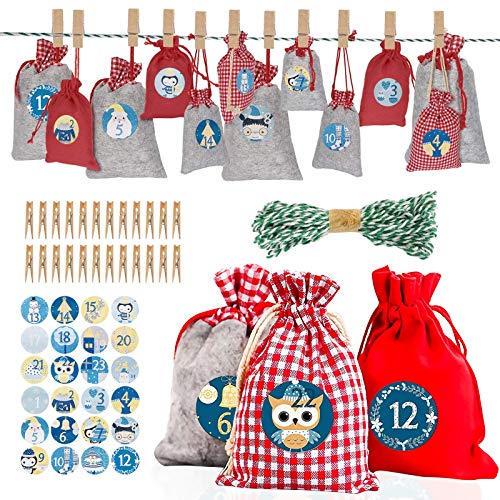 Mroobest Calendario de Adviento, Bolsa de Regalo Navidad, Calendario Adviento Bricolaje, Bolsas Calendario de Yute con Adhesivos, Cuenta Atrás para Navidad Decoración de Casa de 24 días - 24Pcs