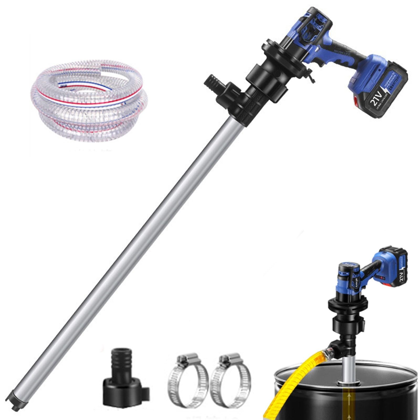 Eoweiot Electric Fuel Transfer Pump, 21V Battery Drum Pump for Diesel, Kerosene, Water - 92cm Oil Pump for Quick Fuel Transfer (Aluminum)