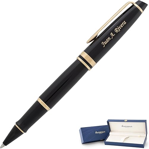 Bolígrafo de punta redonda WATERMAN Expert grabada en laca negra con borde dorado. Regalo de lujo personalizado para graduación o hitos