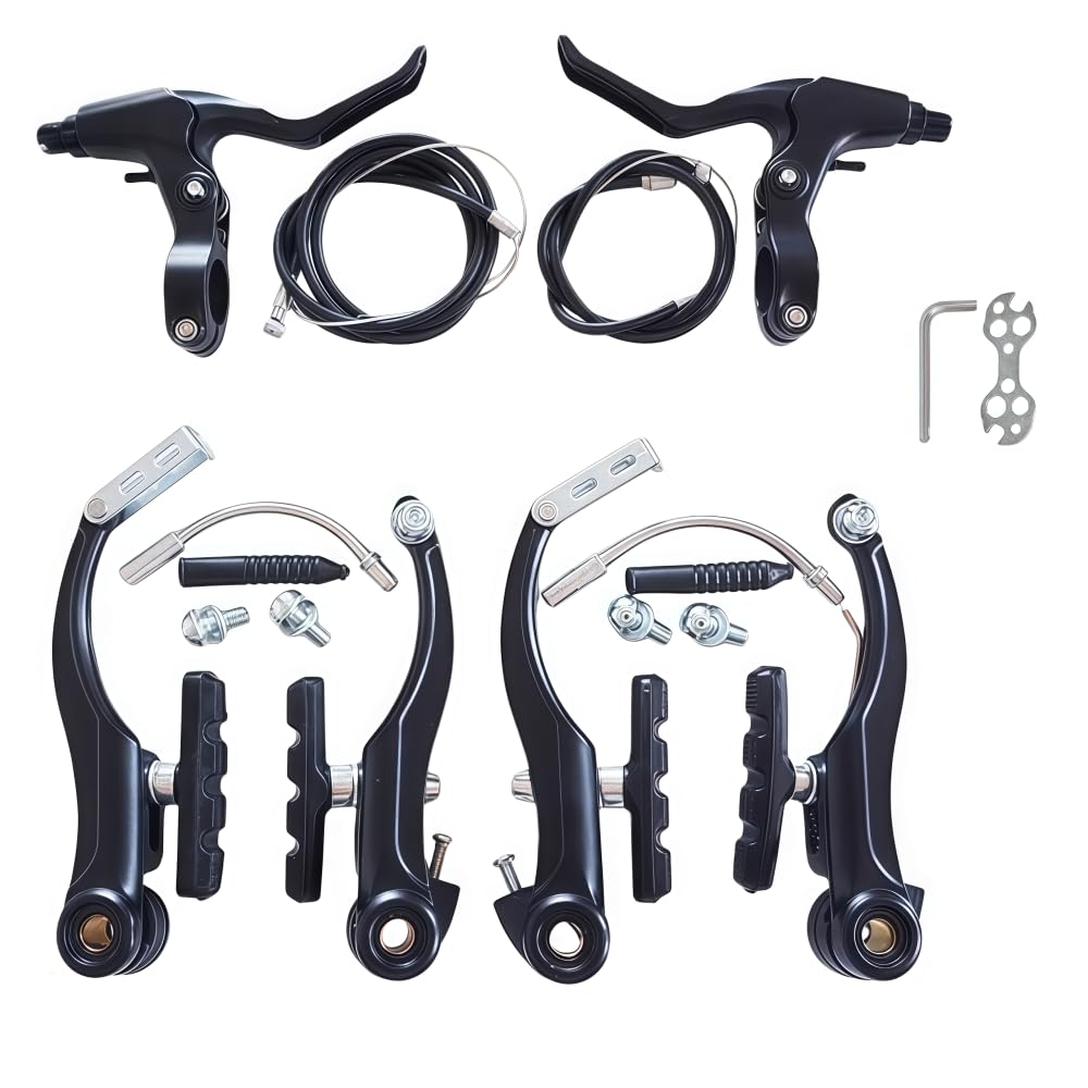 GUOFANG Bicycle V-Brake Set, Universal Front and Rear Brake System with Levers, Calipers, Cables and Brake Pads, Complete Replacement Kit for Mountain Bikes and Cruisers (Black complete set)