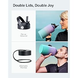 BUZIO 64oz Insulated Water Bottle Stainless Steel Double Wall Leak Proof Half Gallon with Straw Lid and Flex Cap (Cold for 48 Hrs) Sports Flask Metal Travel Mug for Hiking, Camping, Purple Green