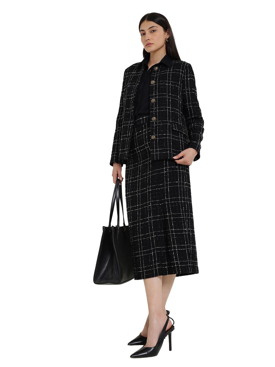Women Formal Blazer & Skirt Set | Checkered Pattern, Round Neck, Full Sleeves, Knee Length Skirt with Side Slit | Bouclé Fabric, Button Closure, Office Wear