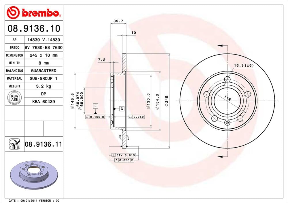 Brembo 08913611 Discos de Freno con Recubrimiento UV, Set de 2