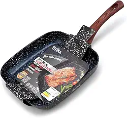 Frigideira Grill Quadrada 24,4cm com Indução – Antiaderente Cerâmico, Alumínio Premium, Cabo Efeito Madeira Blackwood, Preta