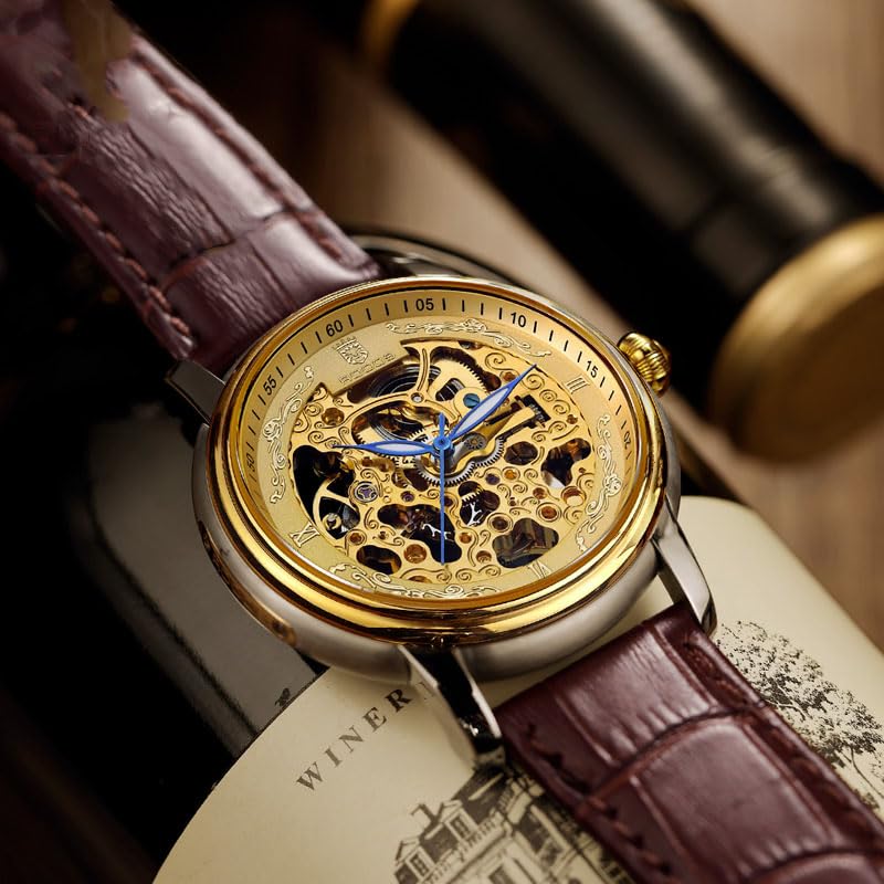 Image of ROCOSJEWE Men Analogue Luxury Watches Automatic Skeleton Watch Leather Strap Gold Dial Anti Shock Self Winding Dress Business Wristwatch Waterproof Luminous RW00142 Brown