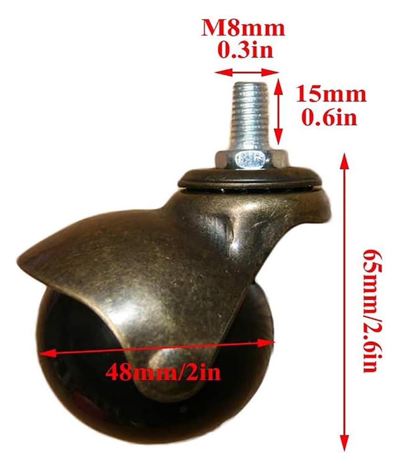 Roulettes à billes de 2 pouces, roulettes dorées antiques for meubles, roues pivotantes, établi, fixation par tige filetée M8/M10, for petit canapé, chaise de bureau(4 Pack,2in/50mmM8)