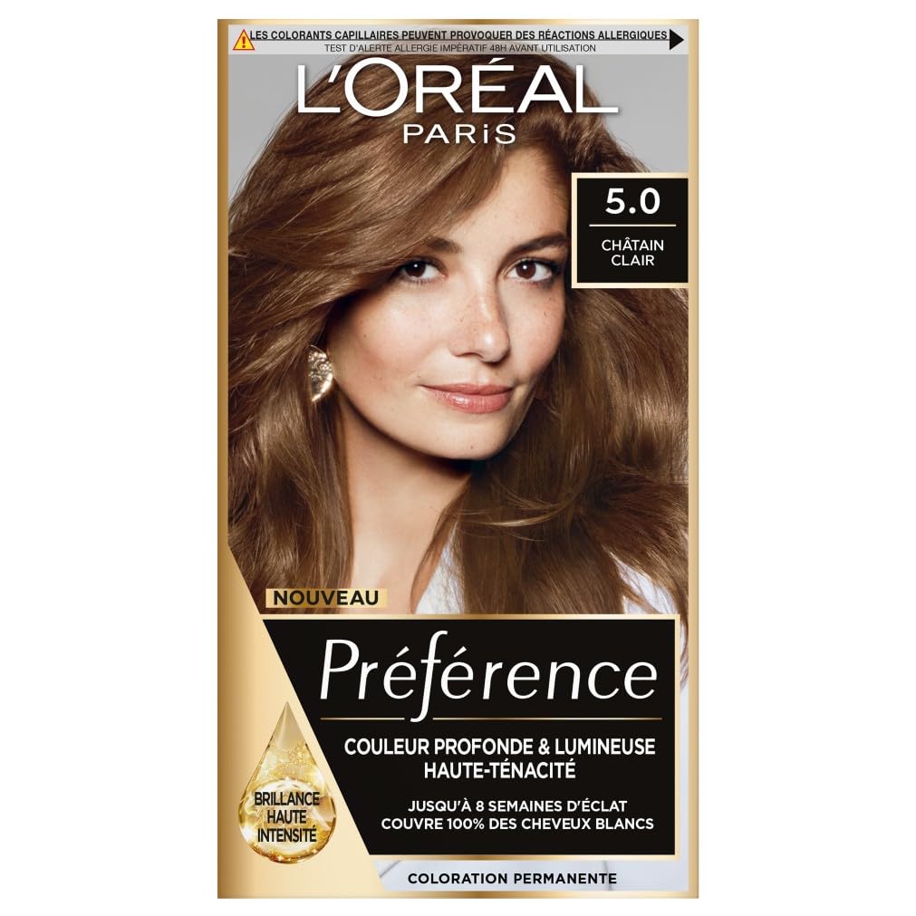 L'ORÉAL PARIS - Coloration Cheveux Permanente - Longue Durée & Lumineuse - Couvre 100% des Cheveux Blancs - Préférence - Nuance : Bruges (5.0), Châtain Clair