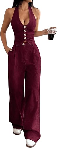 SOLY HUX Women's 2 Piece Outfits Halter Button Down Vest Cro