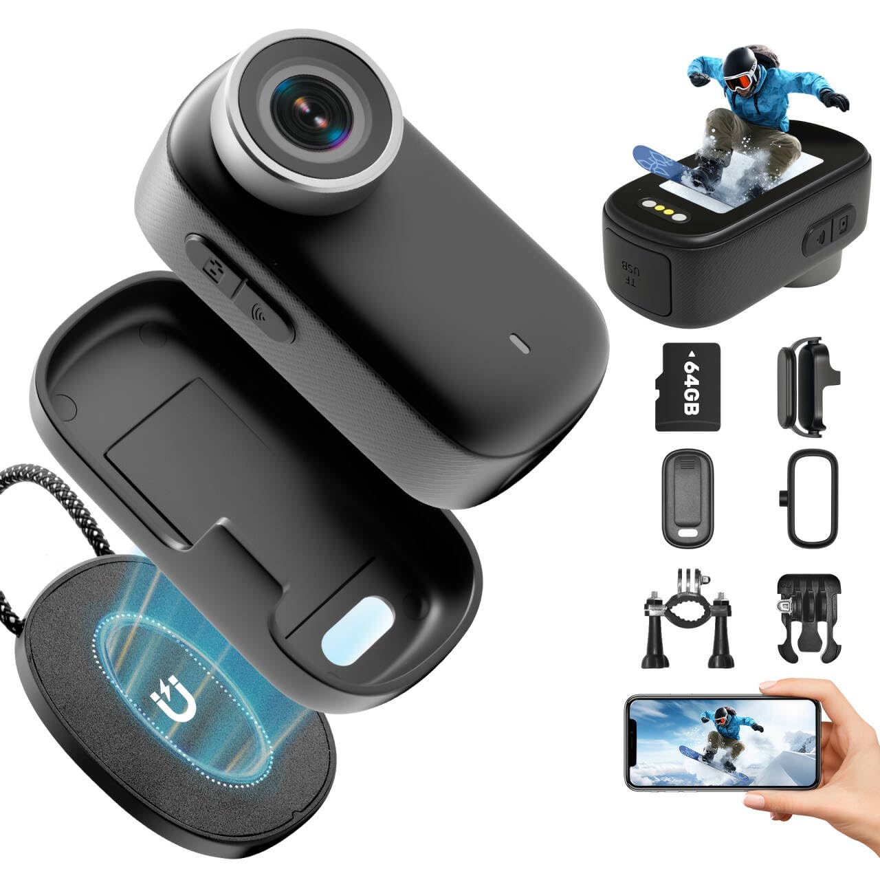 Caméra Sport 4K WiFi, 64GB Mini Caméra Cam, 150° Caméra d'action avec Écran Caméras Corporelles Vlog Camera Sportive Caméscope de Casque Moto Multifonction Accessoires