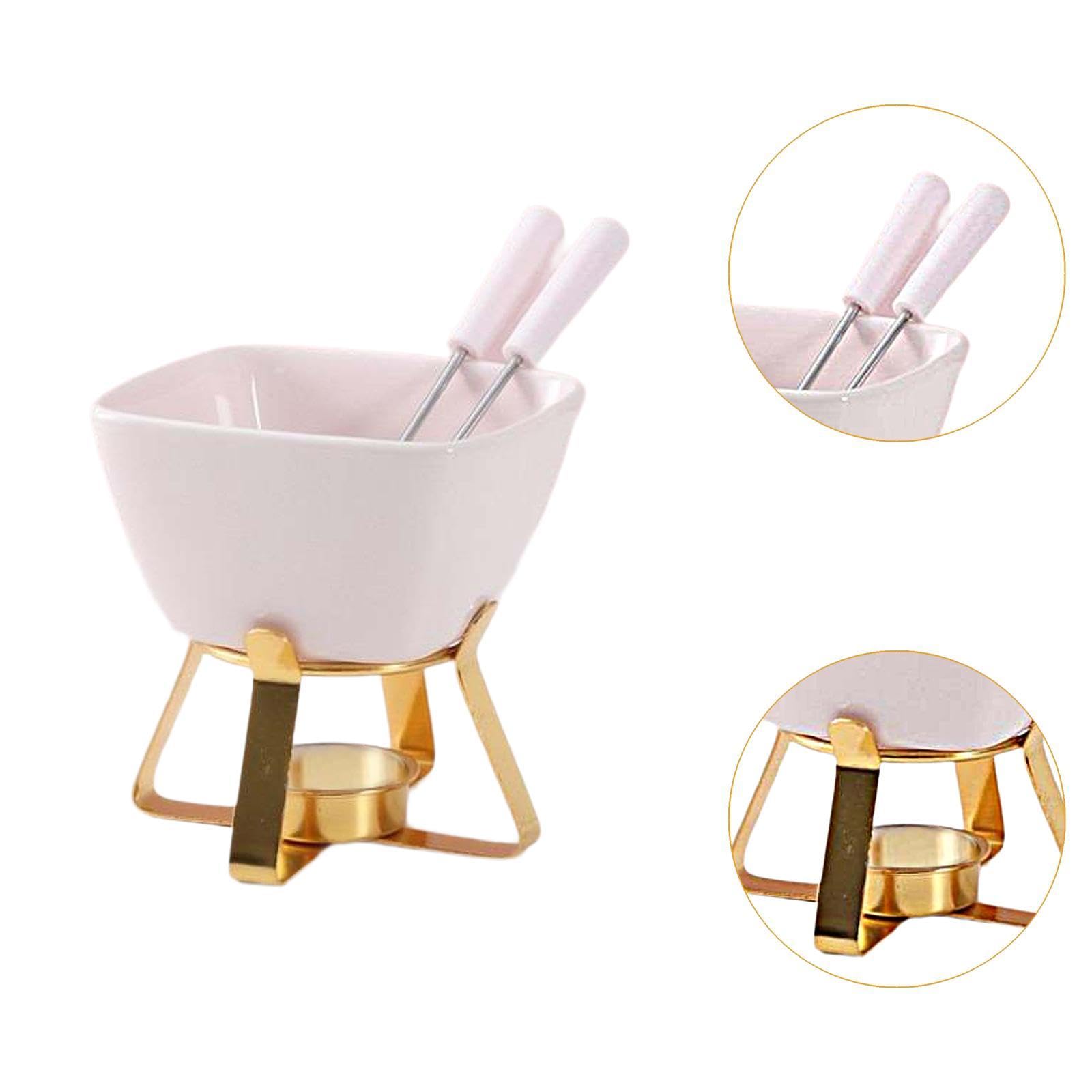 Pentola per Fonduta in Ceramica, Forchetta per Fonduta, Scaldavivande, Utensile Multifunzionale per Sciogliere Caramelle E Cioccolato, Rosa con Cremagliera Dorata