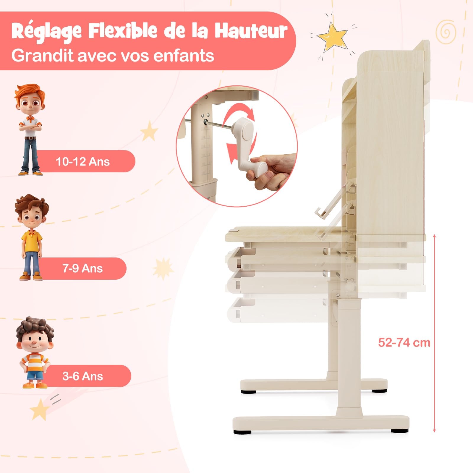COSTWAY Bureau Enfant Fille Garcon avec Hauteur Réglable, Table Enfant avec Plateau Inclinable, Bibliothèque, Étagères, Tiroir, Support de Livre, Porte-Stylo, Charge 80 kg, pour 3-12 Ans (Naturel)