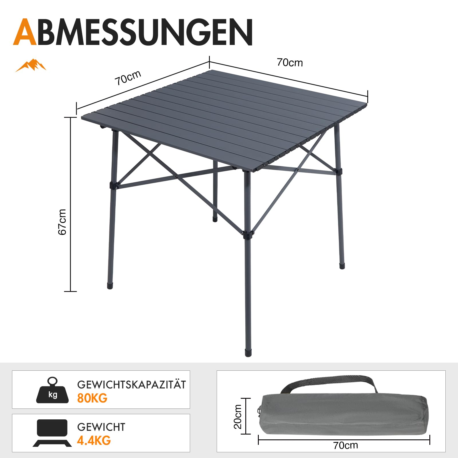 Portal Campingtisch klappbar Klapptisch Camping faltbar mit Aluminium Tischplatte belastbar 80kg mit Tragetasche für Picknick Grillen Garten Balkon
