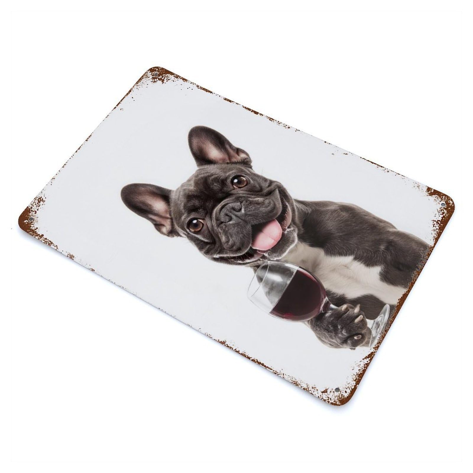 French Bulldog with Wine Glass Aged Metal Wall Plaque 11.8"x7.9", Industrial Home Decor for Pub, Kitchen And Man Cave Decor