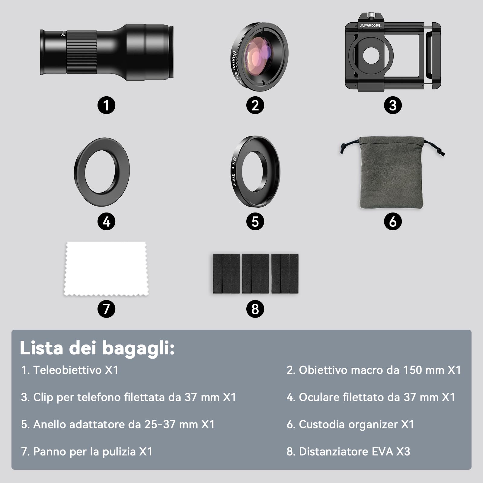 APEXEL Teleobiettivo HD 6X con Messa a fuoco Fissa e Clip Universale Migliorata, Obiettivo macro da 150 mm,Rivestimento FMC, Adatta per iPhone 17/16/15..., Samsung, Pixel e Altri Smartphone,Nero