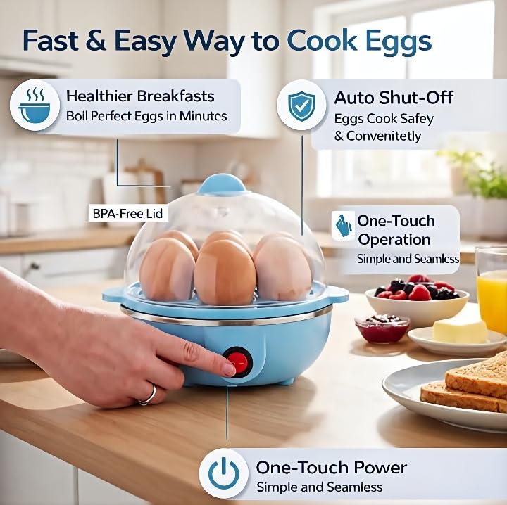 Image of Electric Egg Boiler, 7 Egg Capacity, One-Touch Operation, Stainless Steel Heating Plate, Transparent Lid, Compact Kitchen Appliance