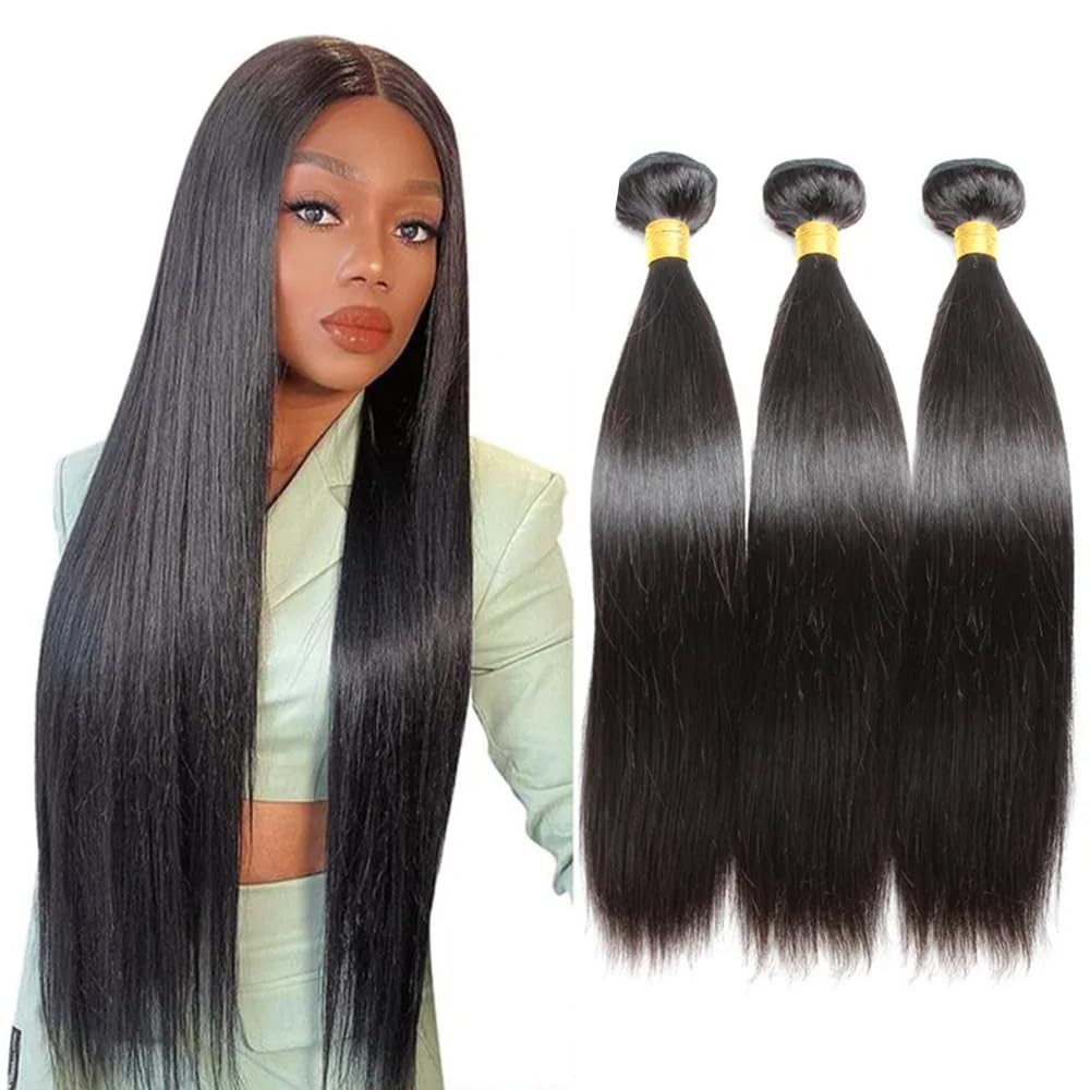 28 30 32 Inch Human Hair Bundles Straight Hair Bundles Unprocessed Brazilian Remy Hair Extensions Natural Black Color Double Weft Long Straight Bundle