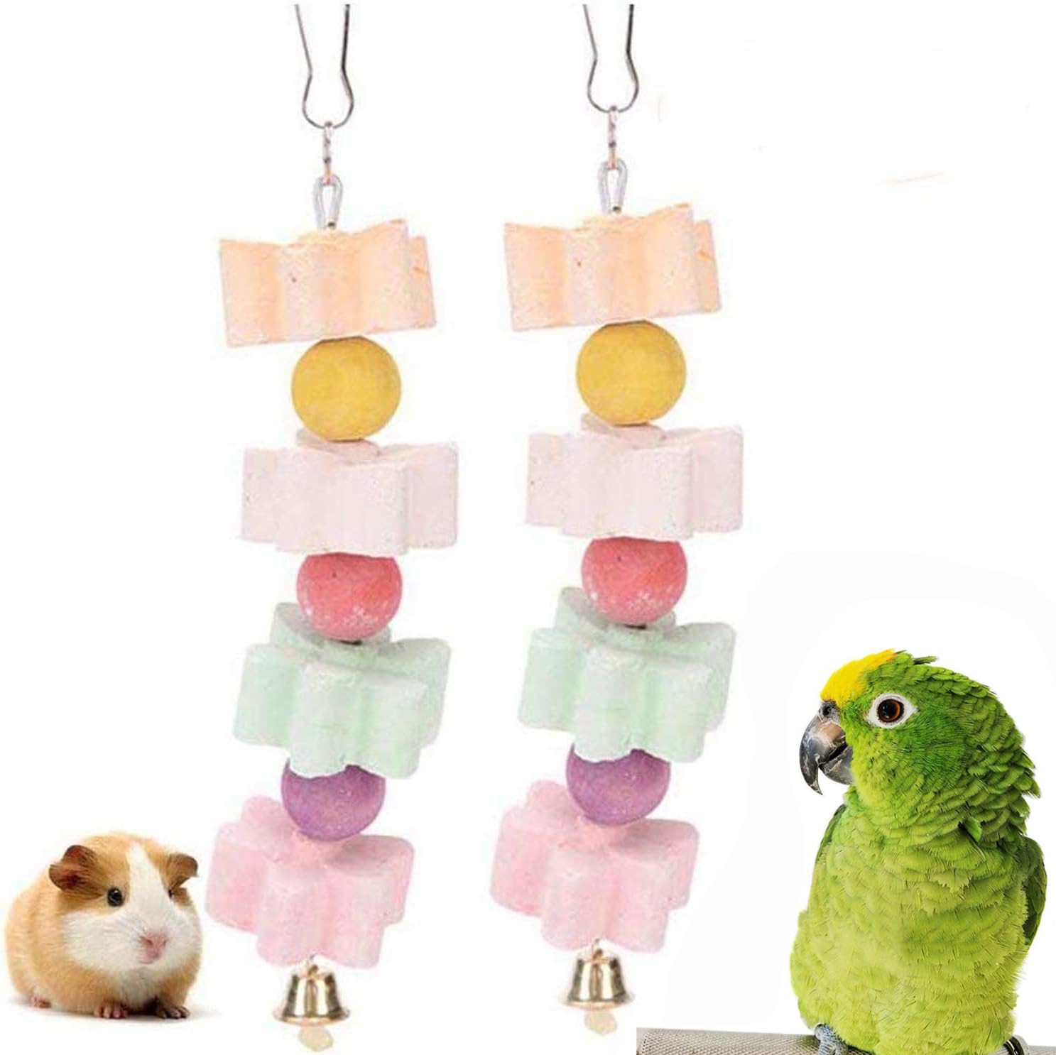 Supkeyer 2Pcs Parrot Chewing Toy, Bird Beak Trimmer Calcium Stone,Chinchilla Grinding Teeth Lava Block Mineral Rock Chewing Toys with Bell for Parakeet Cockatiel Conure Hamster Chinchilla Rabbit