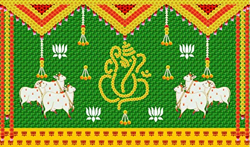 Image of Weaved Coconut Leaf with Yellow Marigold Flower's Ganesh ji Design Backdrop Cloth for Pooja Decoration Traditional Curtain for Festival Size 5Feet Height and 8Feet Width(5 * 8)