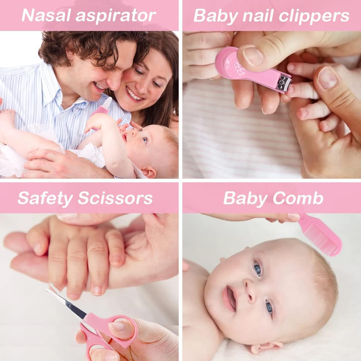 Baby Grooming Kit,8 pcs Infant Safety Care Set including Hair Brush Nail Clipper Nose Cleaner Finger Toothbrush Scissor Nasal Aspirator Newborn Care for Boys Girls (Pink) - Image 2