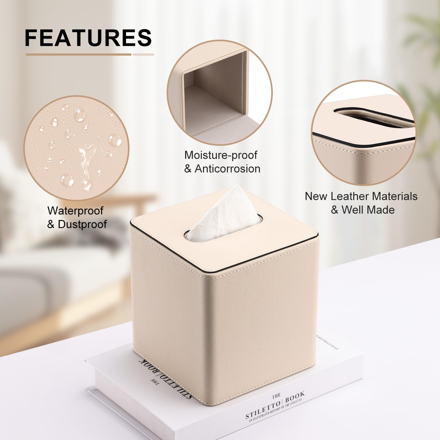 KINGFOM Porta Fazzoletti Rettangolare in pelle PU, per Ufficio, Auto (C-Beige)